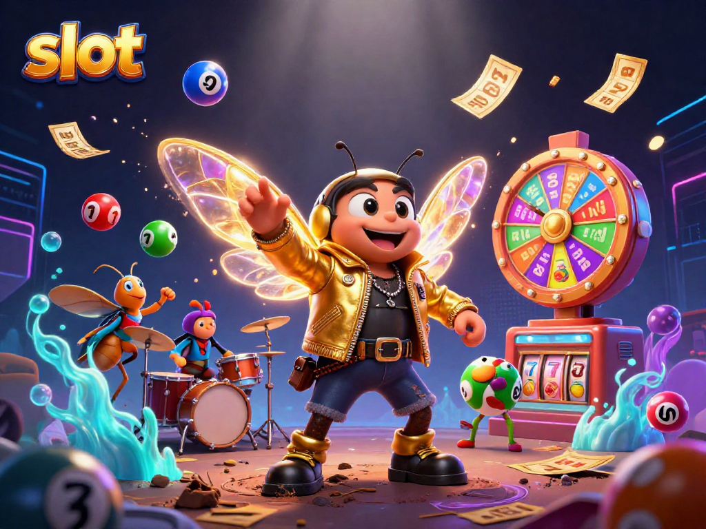 Engage in slot excitement with a dynamic 3D scene featuring a cicada rock star and vibrant gambling elements.