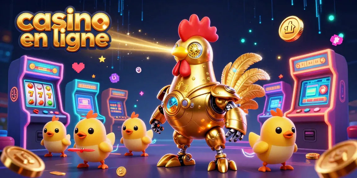 Profitez d'une ambiance festive avec cette illustration de casino en ligne, mettant en scène un robot coq et des drones.