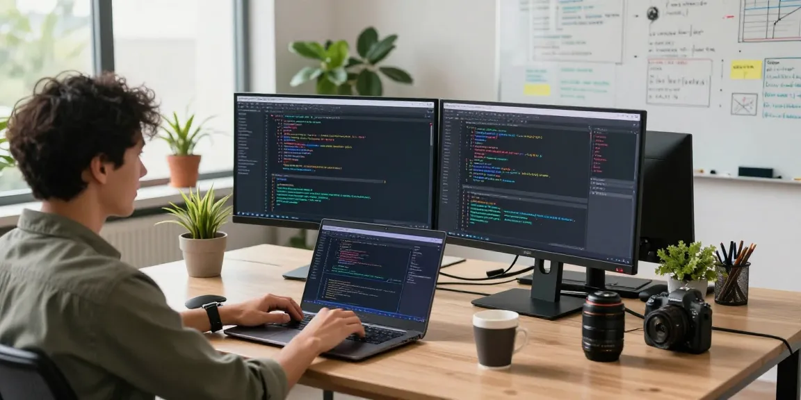 Focused software engineer coding in a modern office environment at 纸飞机中文版官网, showcasing creativity and productivity.