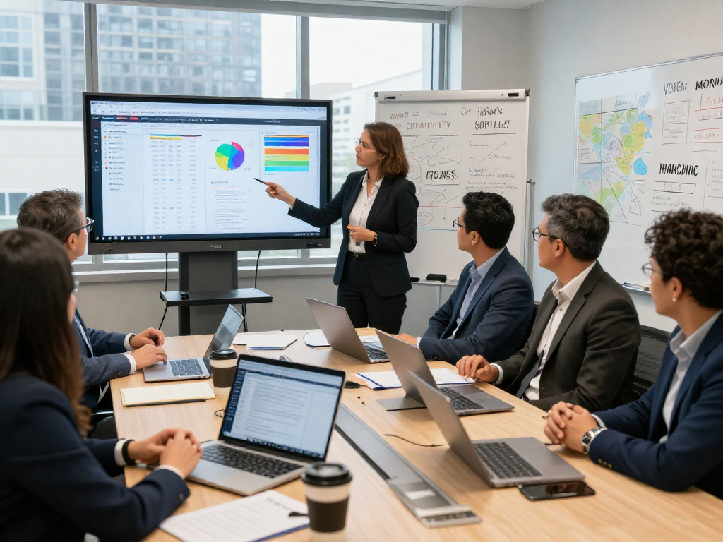 Engaged team discussing google political ads verification during a strategy meeting.