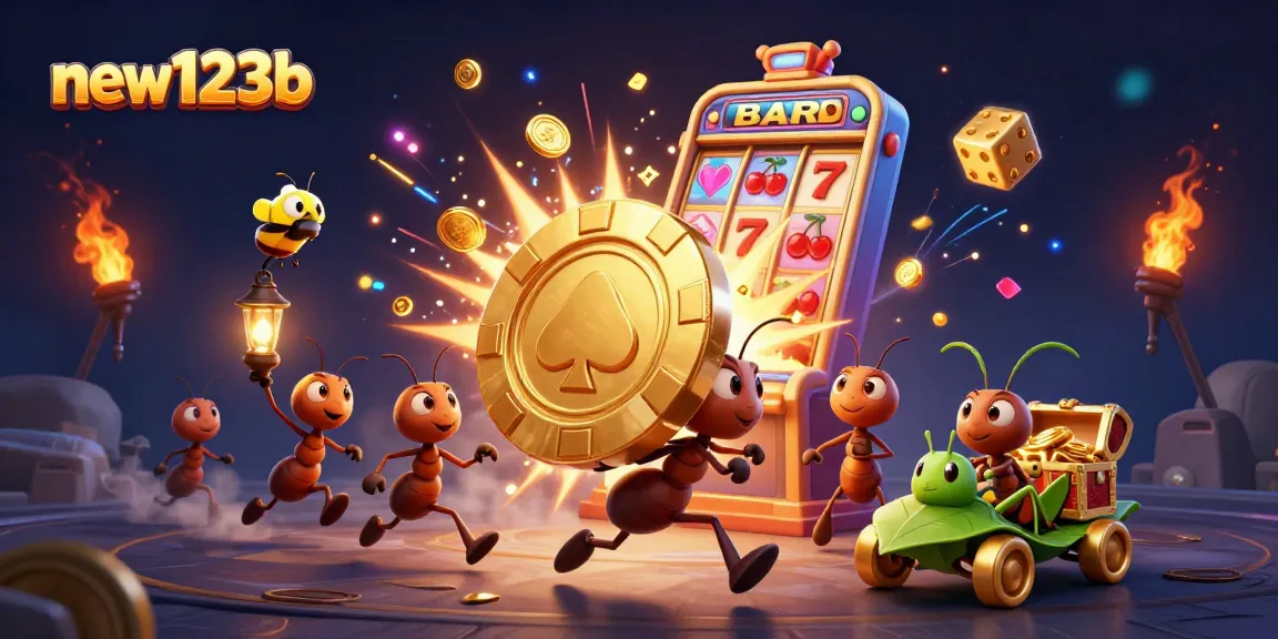Experience exciting wins at new123b with animated ants heisting a giant golden poker chip.