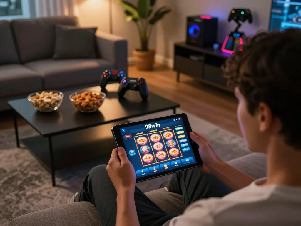 Enjoying the app 98win for an immersive online gaming experience in a cozy home setting.