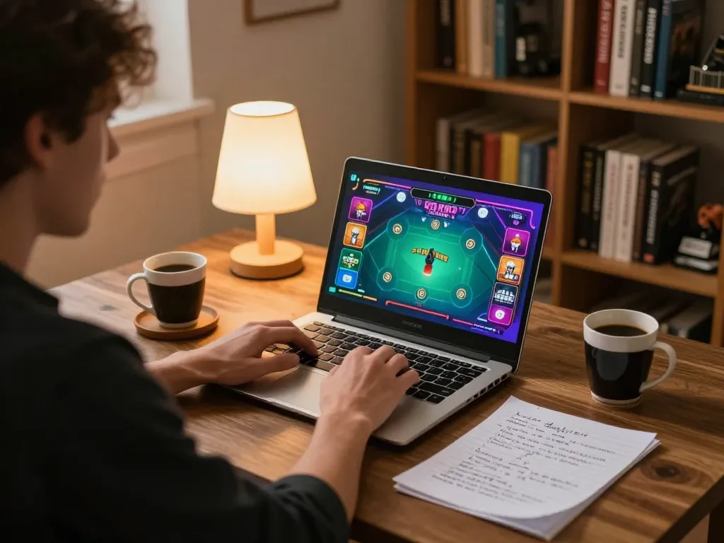 Player enjoying poker on 777x com in cozy home setting, showcasing gaming notes and strategy.