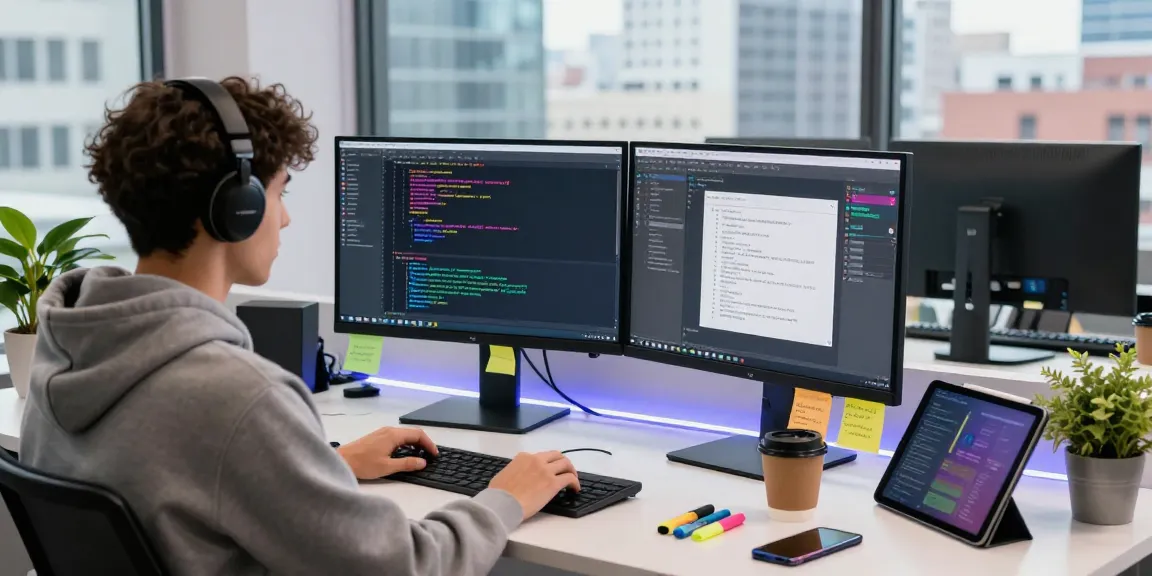 Developer using 截图软件 in a vibrant tech workspace with dual monitors and city view.