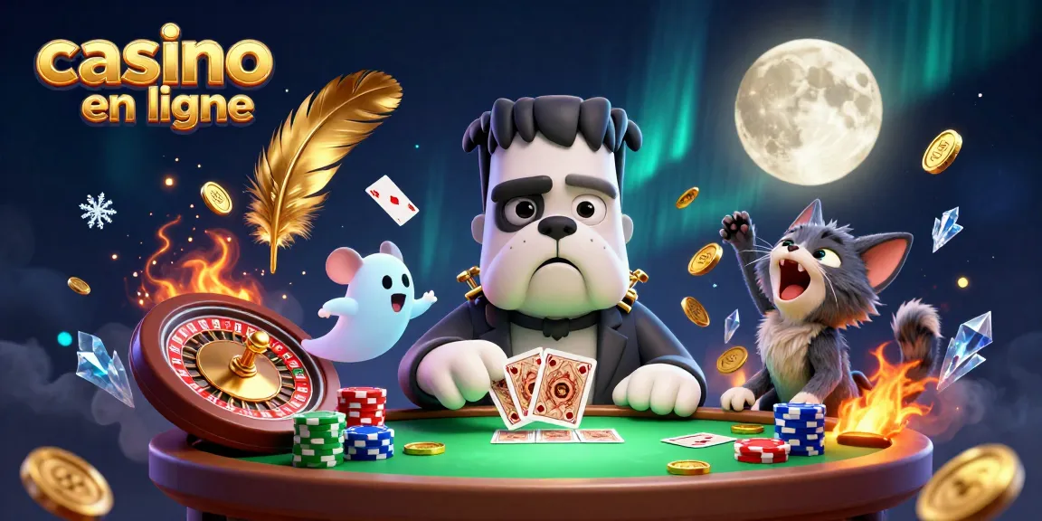 Jouez au casino en ligne avec un bulldog Frankenstein et un chat loup dans une scène colorée.