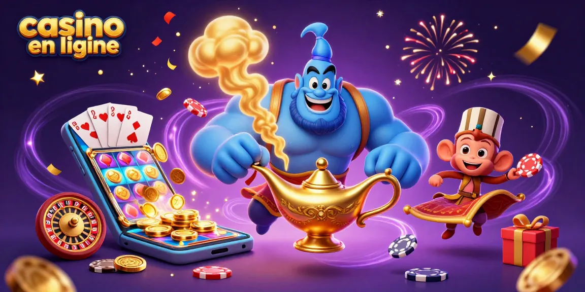 Jouez au casino en ligne avec un génie, un singe et des jeux de hasard colorés.