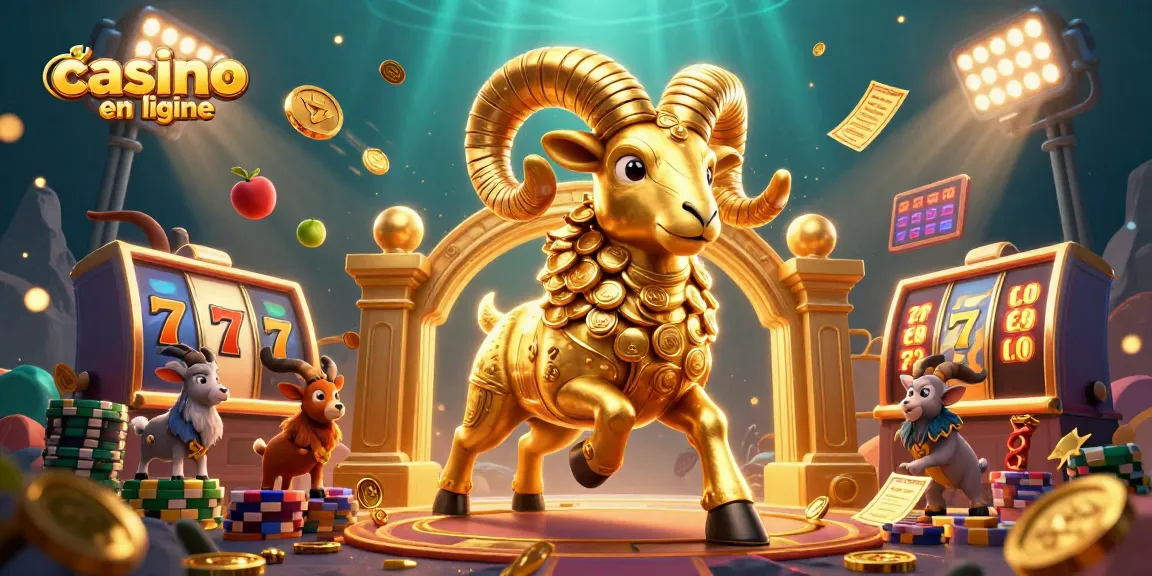 Illustration unique pour le casino en ligne mettant en scène un bélier doré avec des pièces de monnaie.