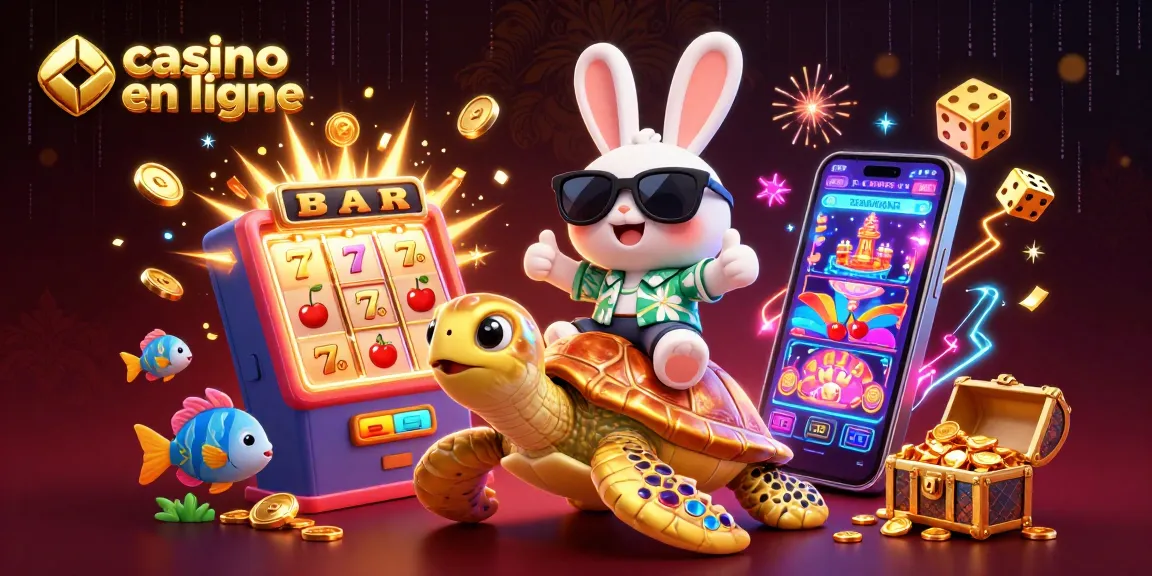 Le casino en ligne rencontre un lapin chanceux et une tortue dorée dans une scène animée de jackpot.