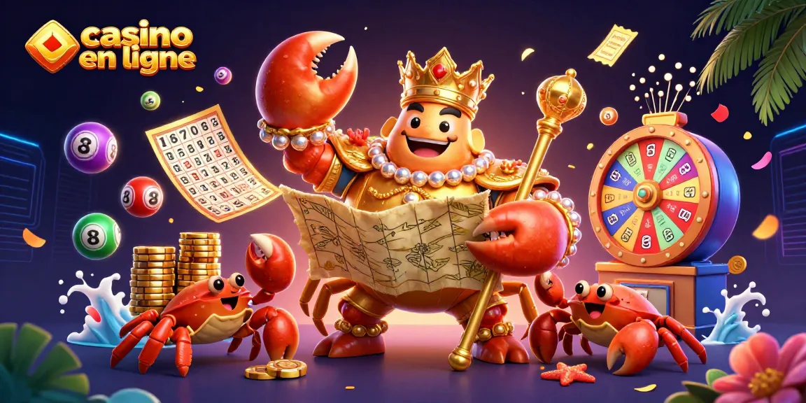 Les jeux de casino en ligne prennent vie avec l'empereur crabe doré tenant un sceptre et une carte au trésor.