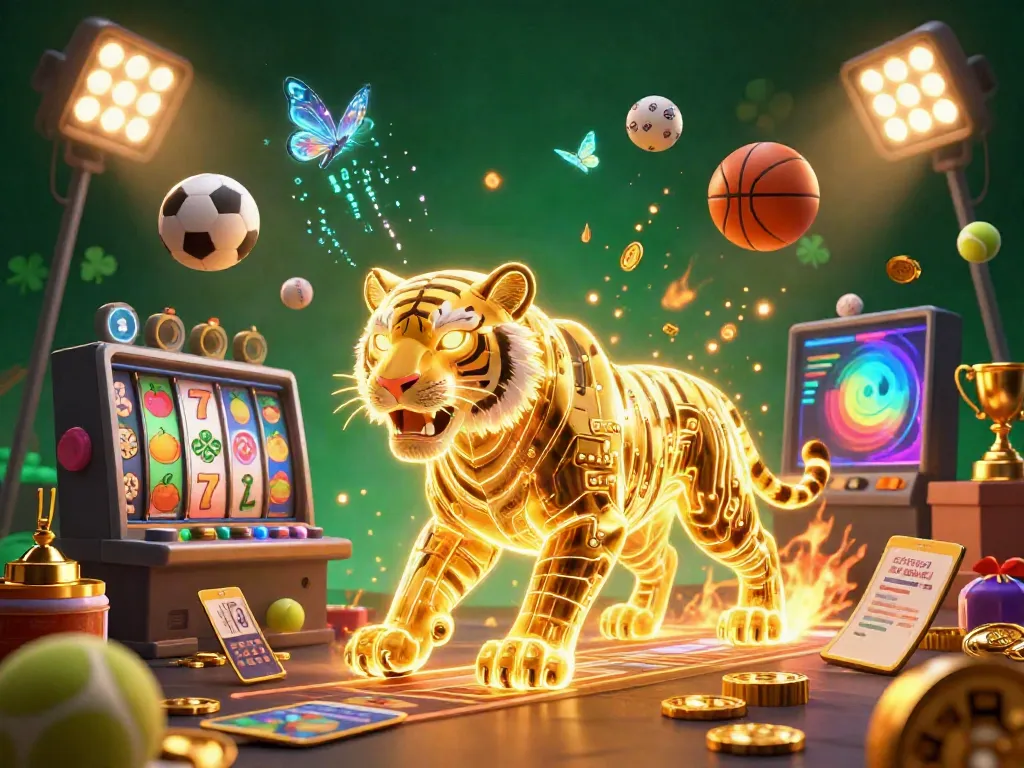 Mesin slot berkilau dengan simbol keberuntungan dan generasi energi di latar digital.