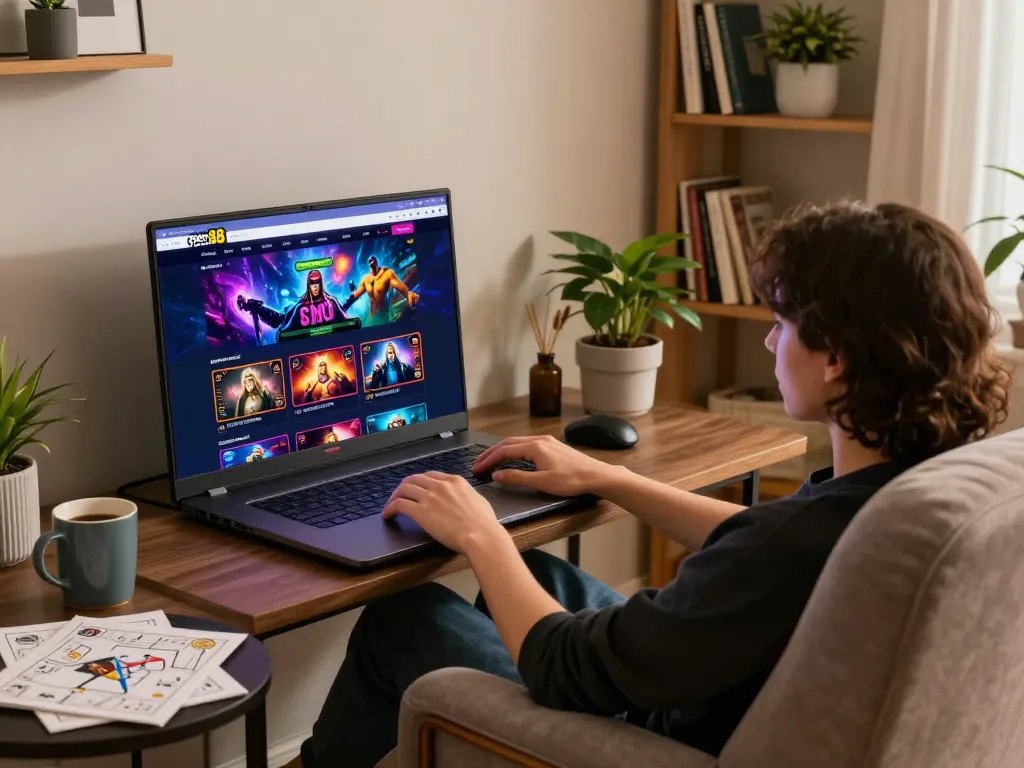 Engaged player explores open88 trang chủ online casino on laptop with vibrant game interface.