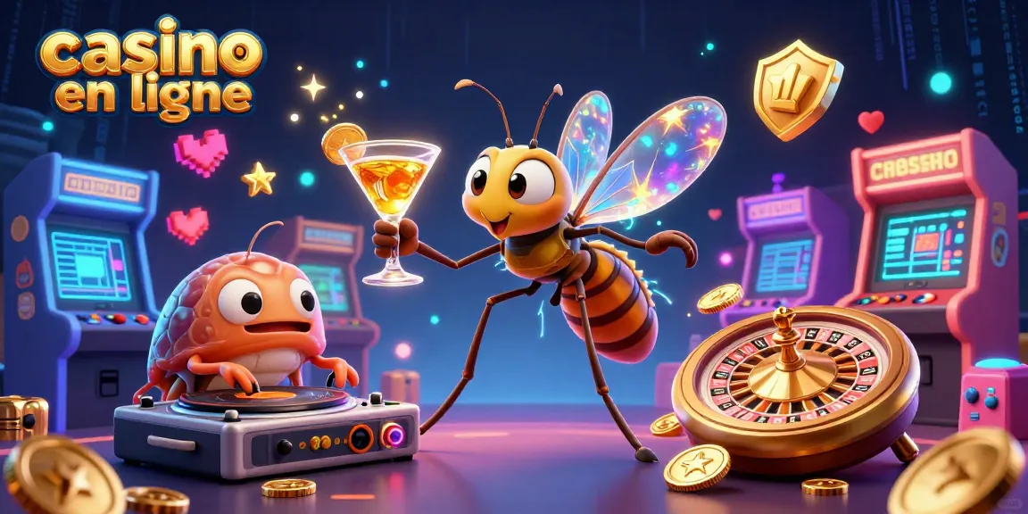 Illustration d'un casino en ligne avec un moustique, un DJ trilobite, et une roulette dorée.