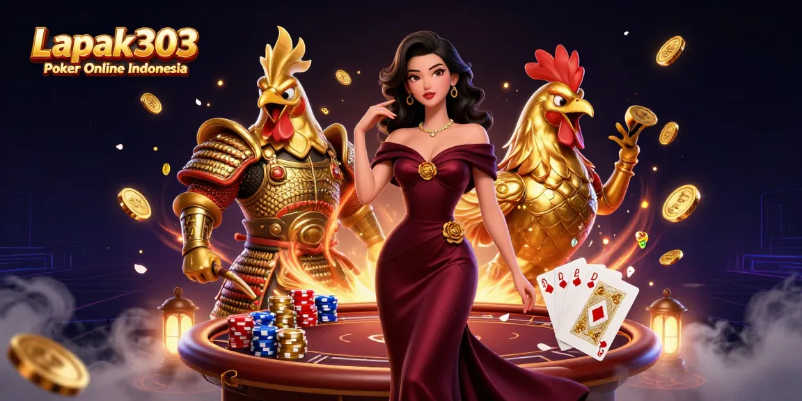 Experience Lapak303 Poker Online Indonesia with a glamorous scene featuring vibrant casino elements and engaging characters.