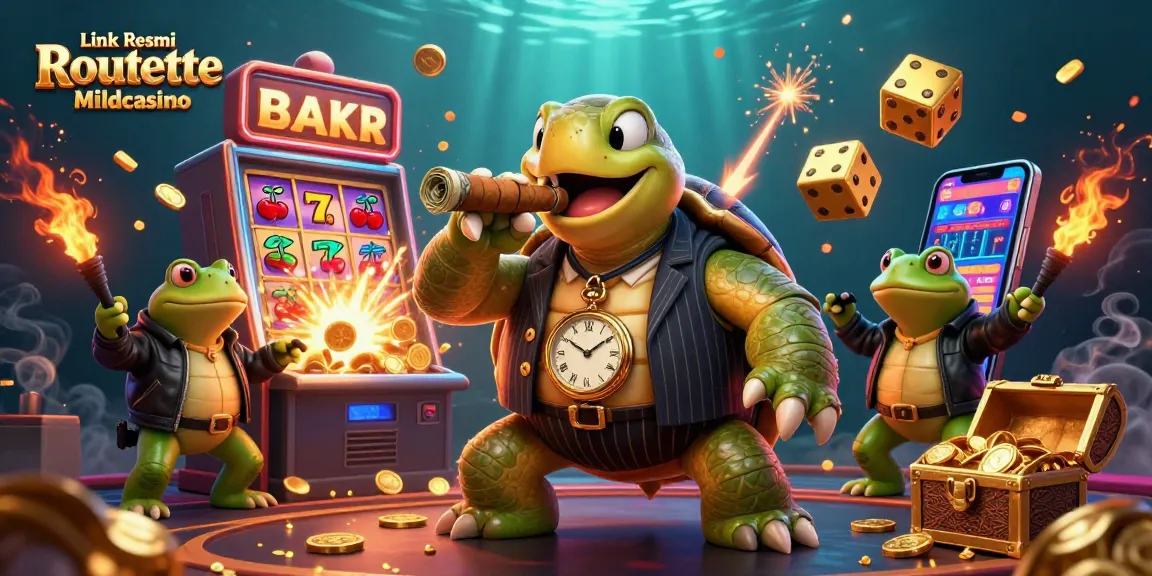 Link Resmi Roulette Casino Mildcasino showcases a vibrant casino scene featuring a cartoon turtle mobster with slot machines and gold.
