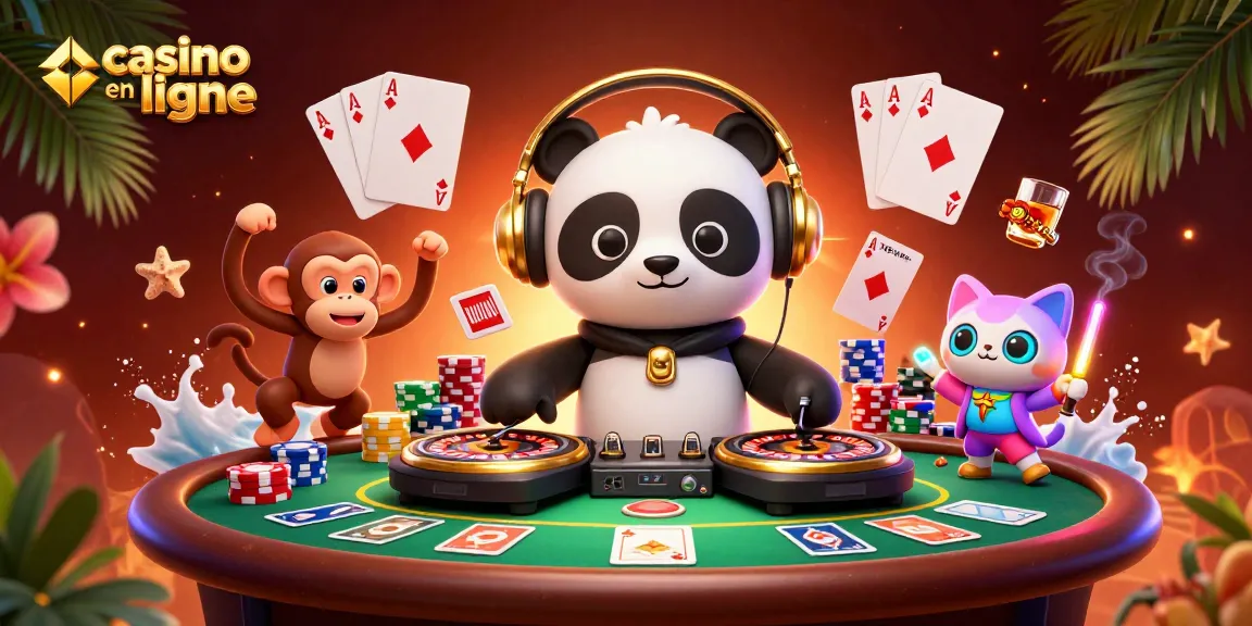 Un panda DJ dans un casino en ligne, entouré de jetons de poker colorés et d'une ambiance festive