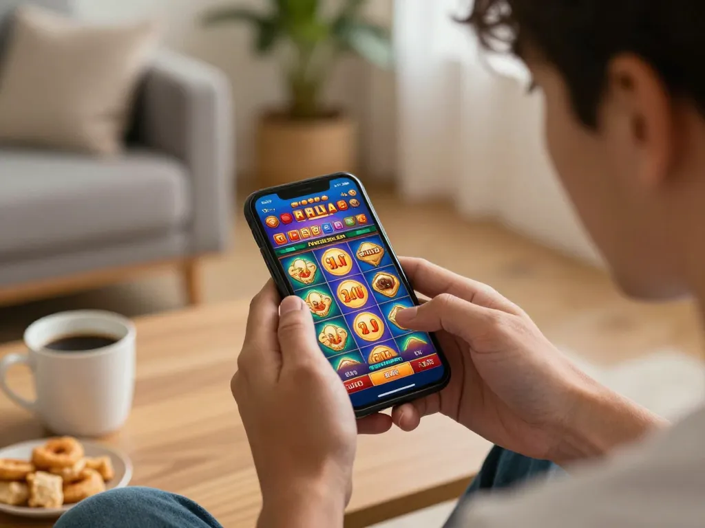 Engaging player enjoying a slot pulsa game on smartphone in cozy home setting