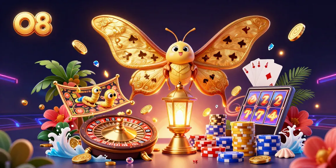 O8 showcases vibrant casino scenes with golden moths and sparkling game elements, enhancing excitement.