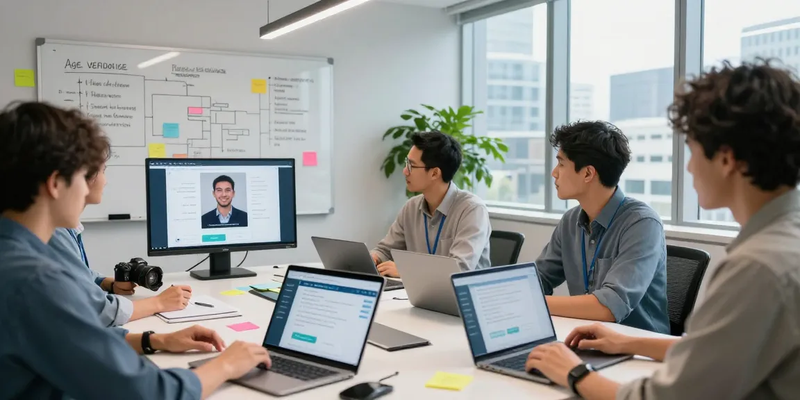 Team demonstrating an age verification system in a modern tech lab with real-time analytics visible.