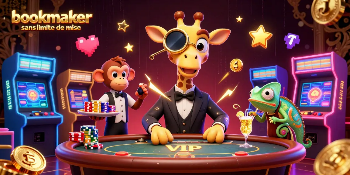 Pariez sans limite avec un bookmaker sans limite de mise, représenté par une girafe parieur dans un cadre de casino animé.