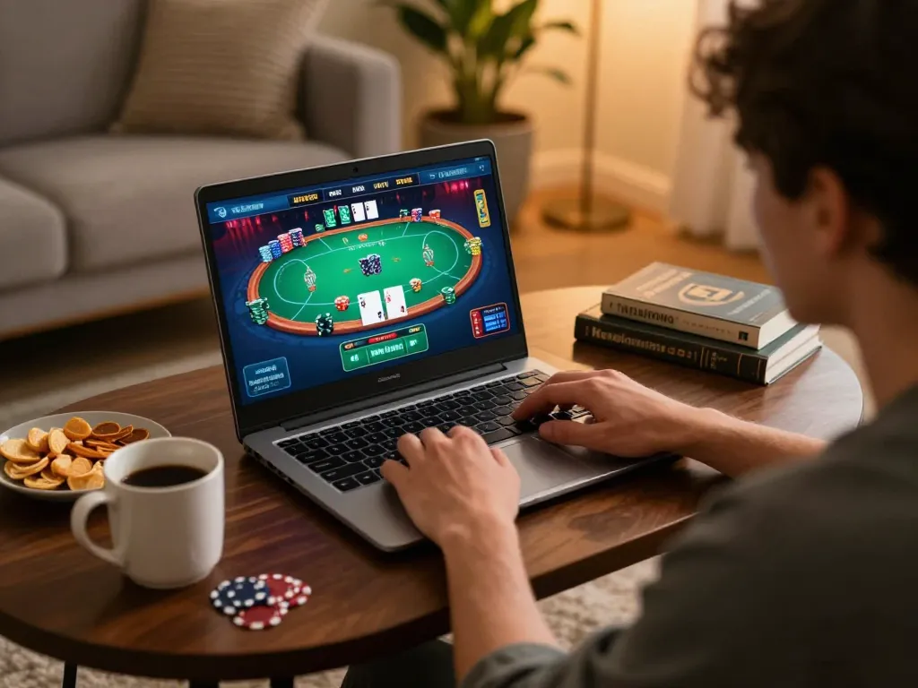 Engaged player exploring fabet online poker interface on laptop during a cozy gaming session.