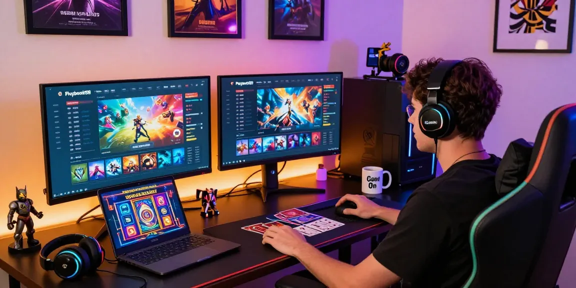 Enjoying Playbook88 online gaming experience at a vibrant setup with colorful displays and gaming accessories.