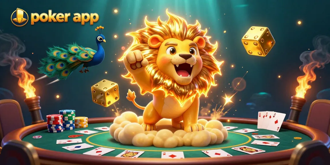 Giocare ai tavoli di poker app in un'illustrazione 3D colorata e dinamica con un leone solare.