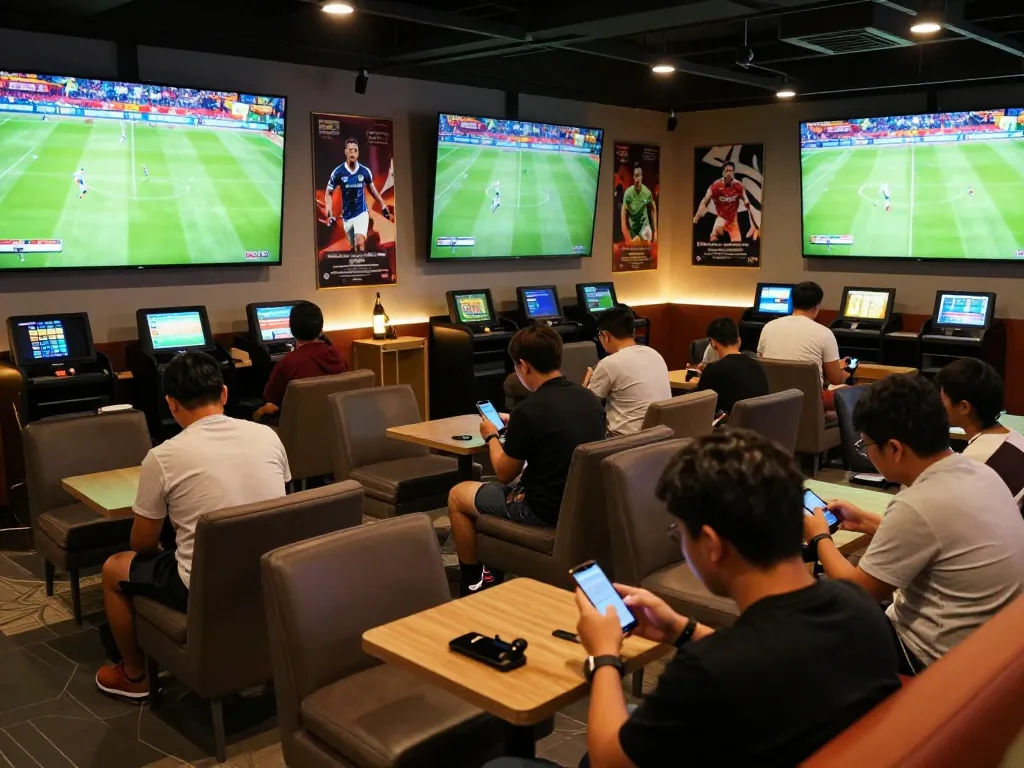 Bongdalu sports betting experience with fans eagerly placing bets on live football matches in a vibrant lounge.