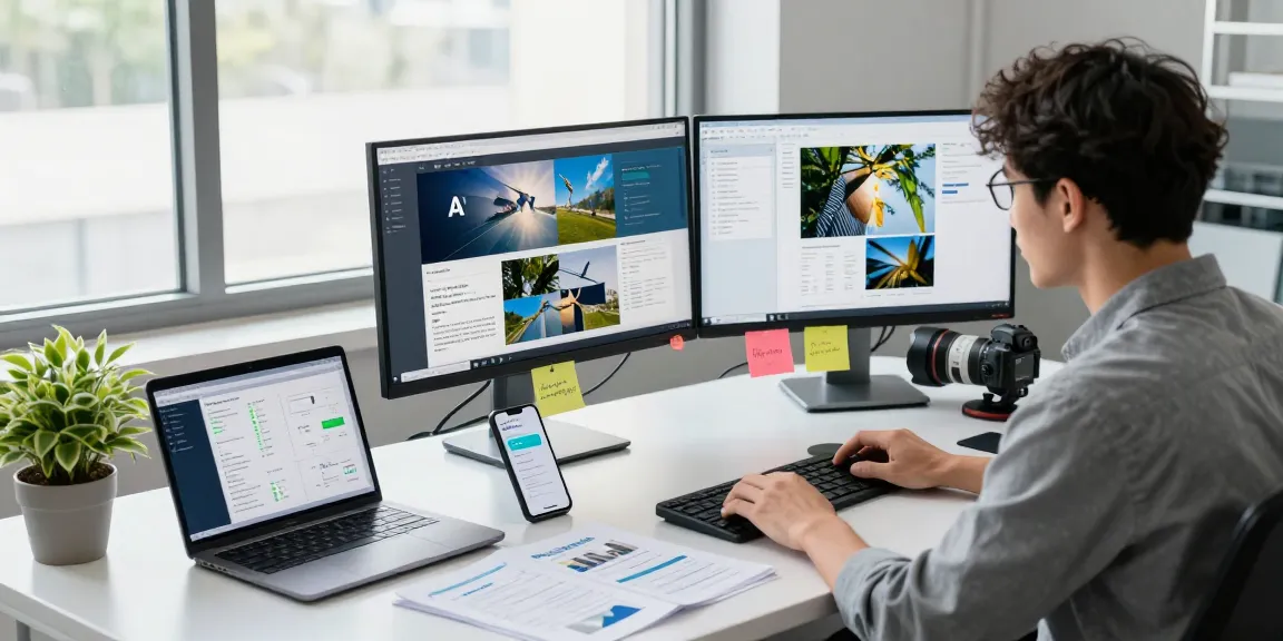AI detector lab scene with data scientist analyzing images and algorithms in a modern workspace.