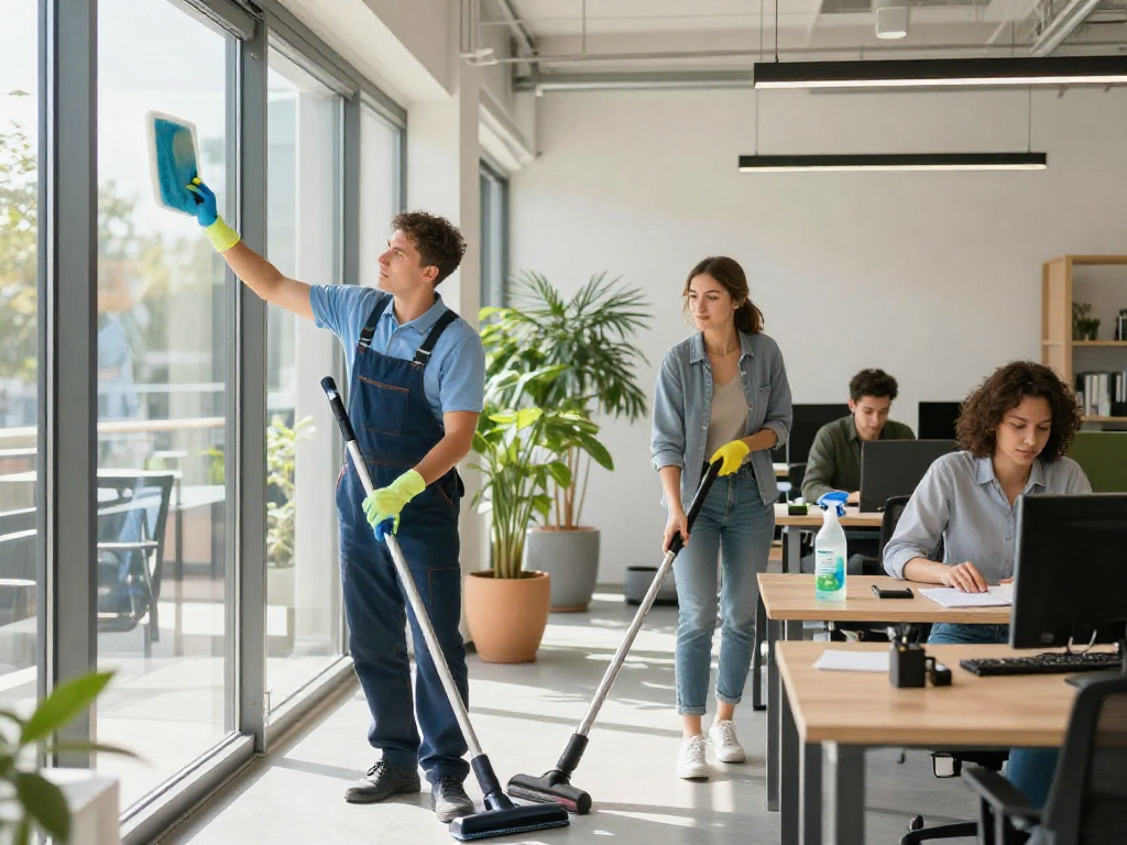 Reinigungsservice in Dortmund: Professionelles Team reinigt modernes Büro mit umweltfreundlichen Produkten.