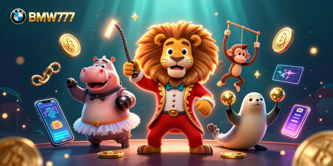 Experience the thrill of BMW777 with playful characters and dynamic cryptocurrency elements in this vibrant casino scene.