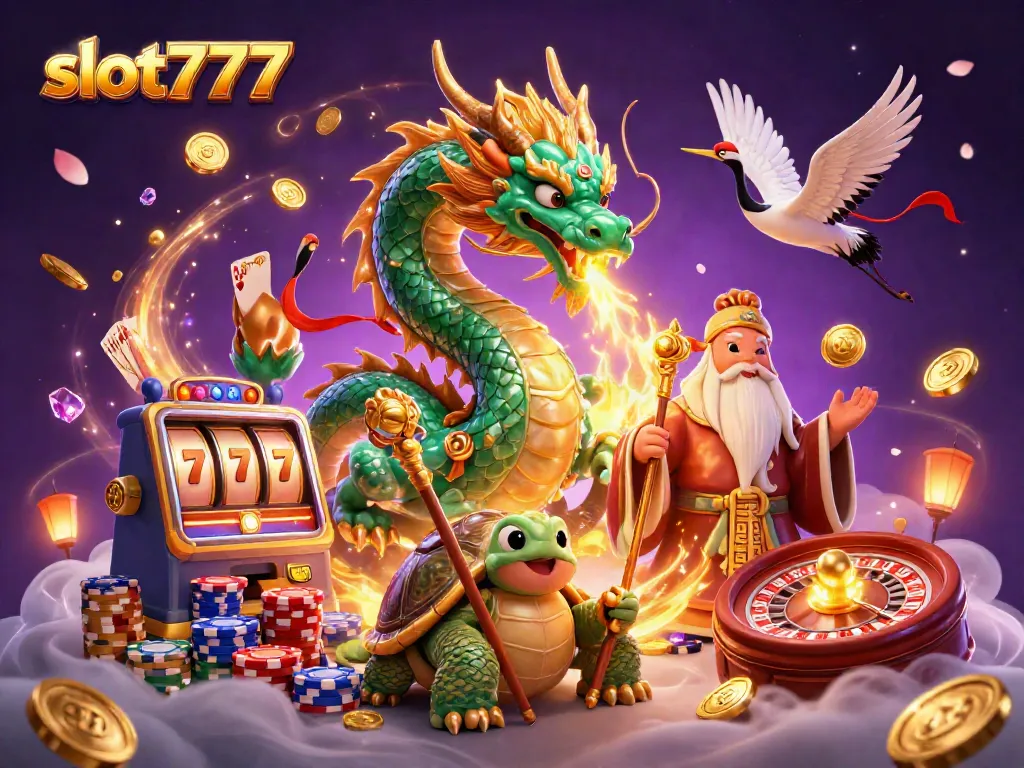 Bermain slot777 dengan naga emerald dan sage kura-kura di kasino virtual yang cerah dan menawan.