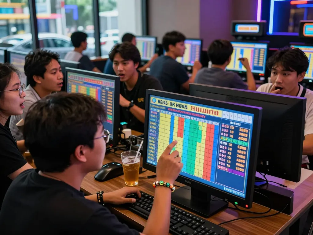 Dynamic scene of bettors engaging with Keluaran HK Lotto results in a vibrant Togel atmosphere.