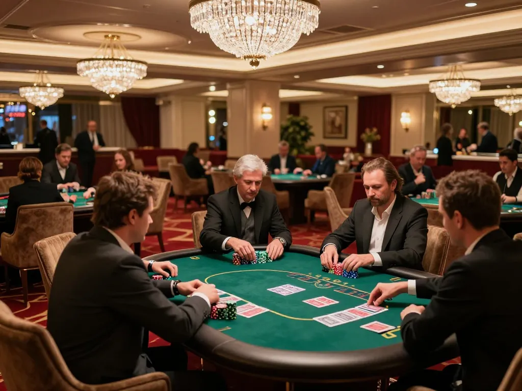 Experience the thrill of high-stakes poker at vipwin1 in a luxurious casino lounge with engaging gameplay.