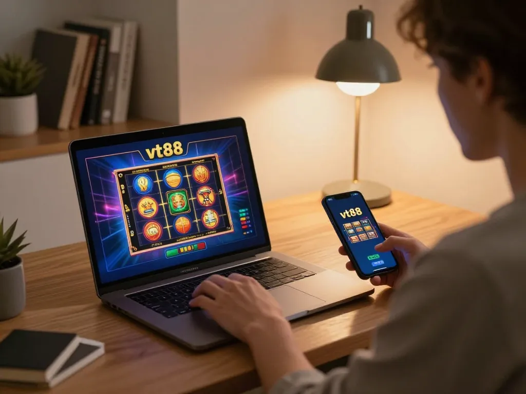 Experience the excitement of vt88's online gambling with a player engaged in a vibrant slot game.