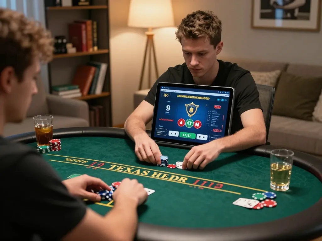 Bermain poker online di tablet dengan suasana yang nyaman, menunjukkan strategi slot server thailand super gacor.