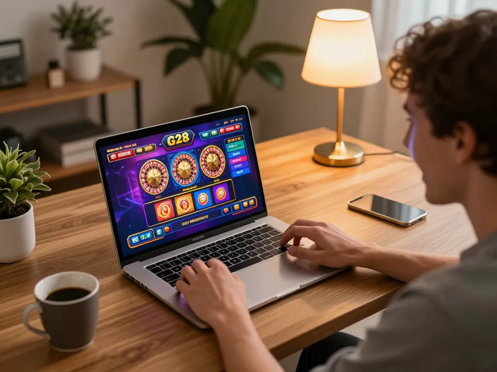 Player engaging in exciting G28 online casino games on laptop in a cozy home setting