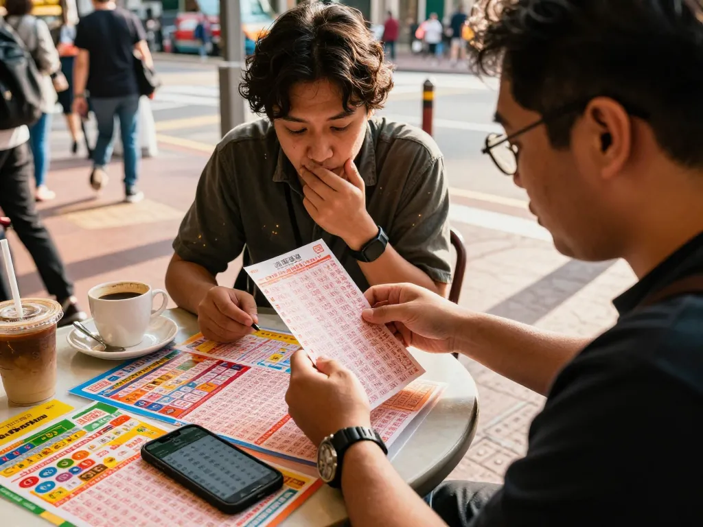 HK lottery enthusiast checking ticket with excitement at a café.