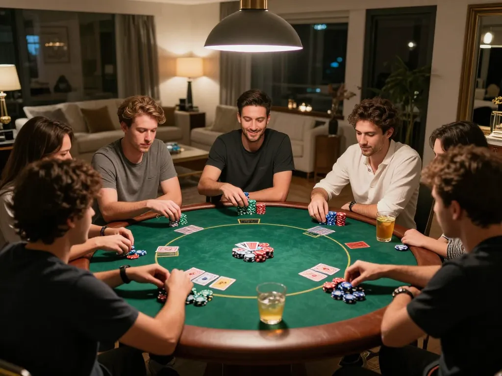 Friends enjoy a lively poker game at home, emphasizing 包网 and their strategy in a friendly atmosphere.