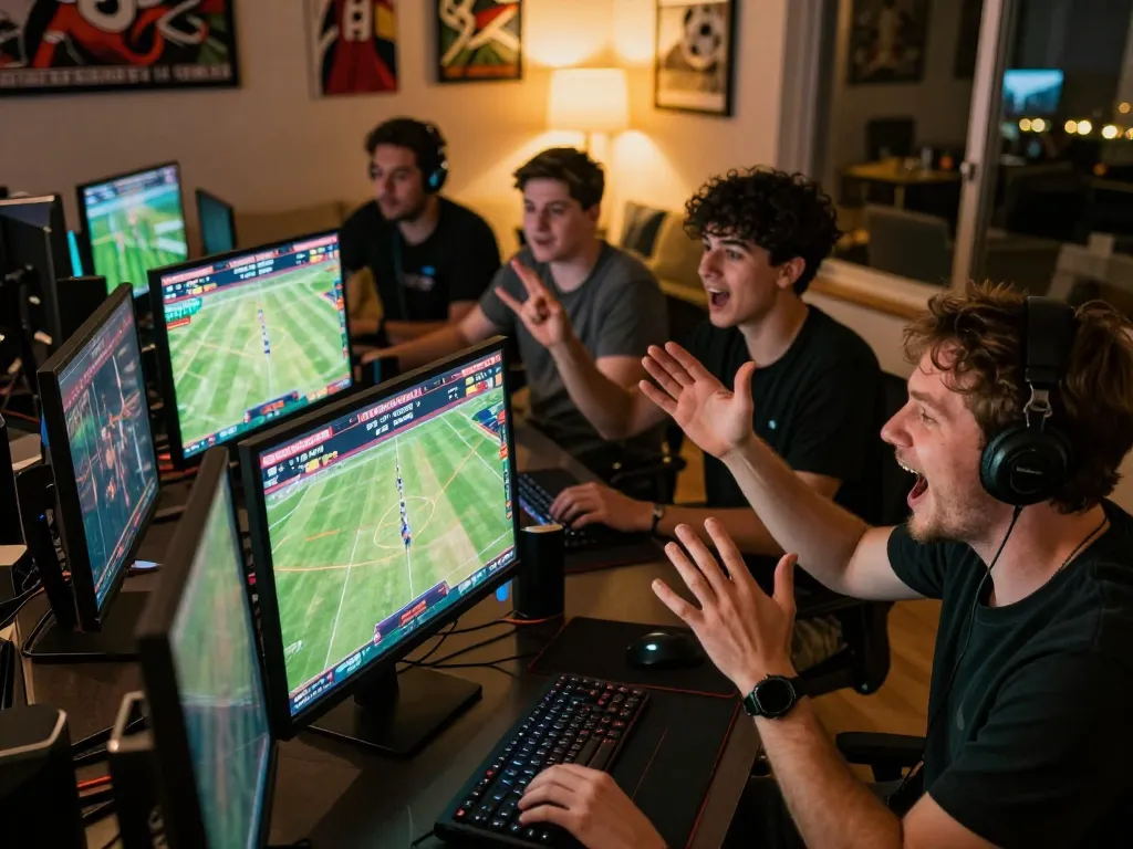 O8 sports fan placing bets while watching live events on multiple screens in an exciting environment