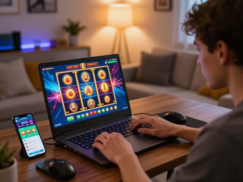 Engaging in slot gacor gampang menang online gaming session at home on a sleek laptop.
