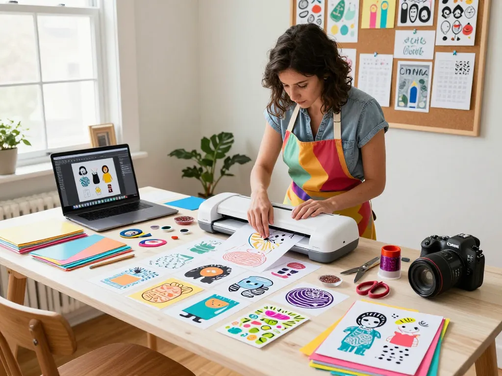 Crafting workspace featuring a designer cutting Svg files with a Cricut, surrounded by vibrant tumbler designs and crafting tools.