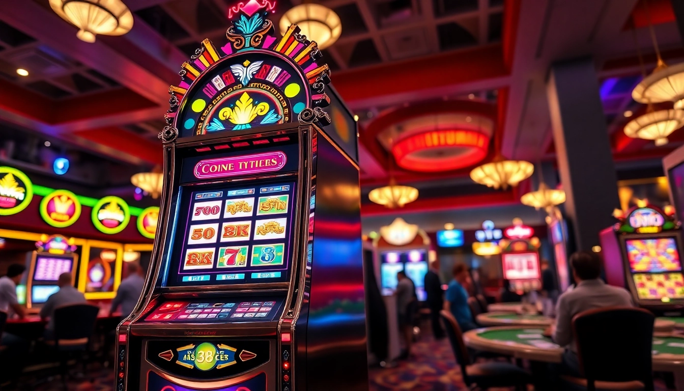 Engaging as38 game slot machine surrounded by a lively casino atmosphere, inviting players to join in.