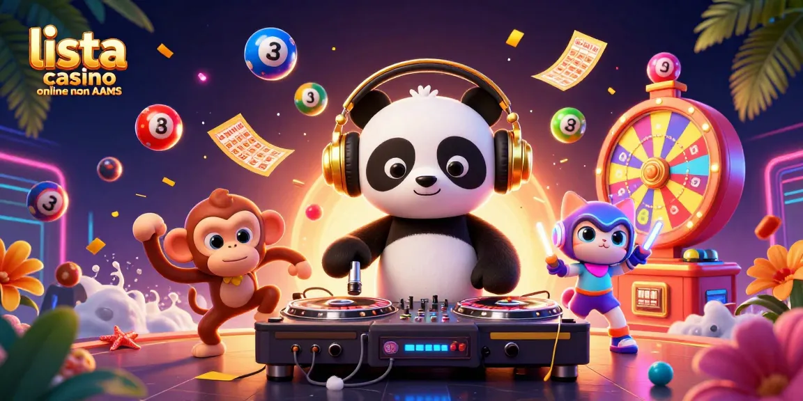 Esplora la lista casino online non AAMS con un DJ panda e animali festanti in un'atmosfera vibrante.