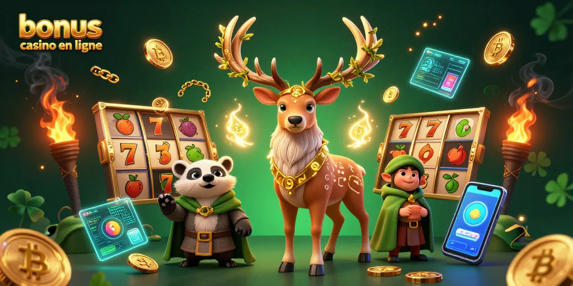 Jouez à bonus casino en ligne avec une illustration dynamique et colorée de personnages et d'éléments de casino.
