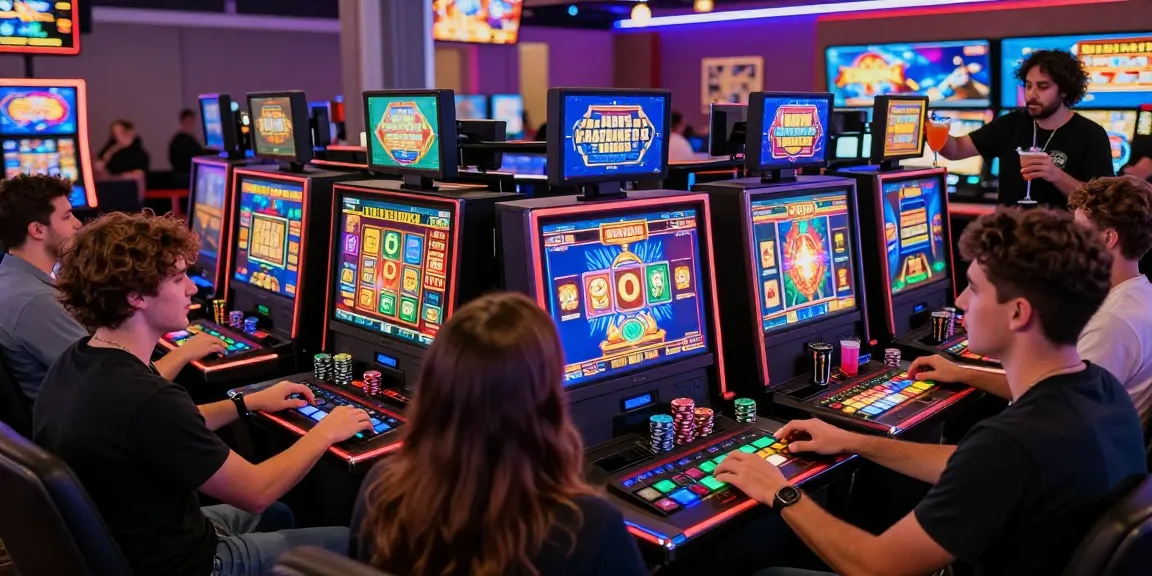 Excited players enjoying slot games in a lively casino atmosphere with colorful screens.