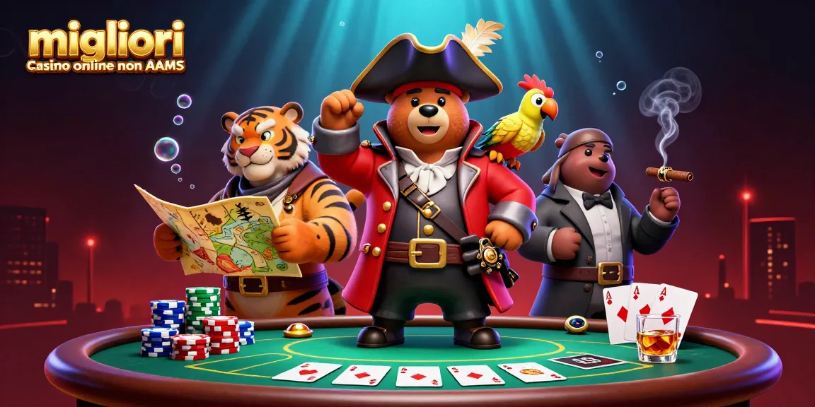 I migliori casino online non AAMS mostrano un vivace caricatura di un orso pirata e una scena di giochi d'azzardo dinamica.