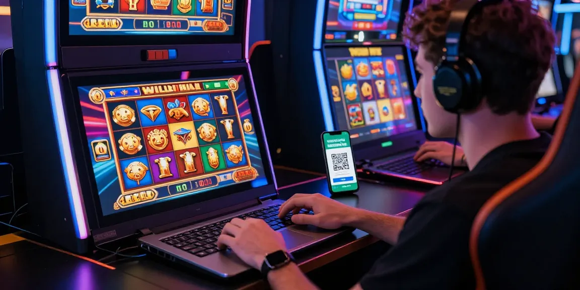 Engaging slot deposit 5000 gaming scene with player, laptop, and QR code for easy deposits.