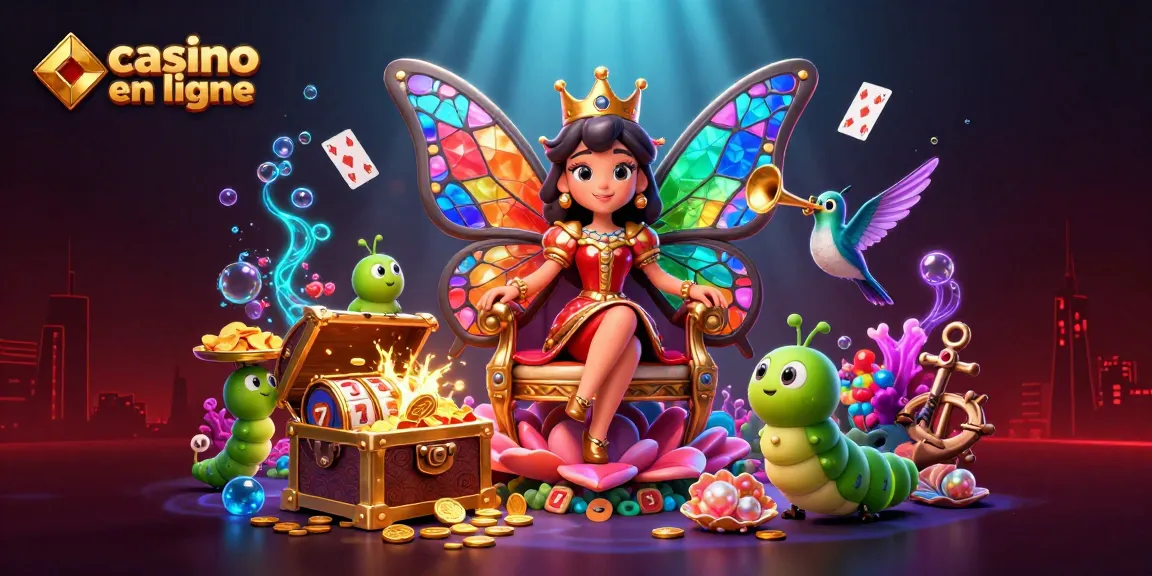 Jouez au casino en ligne avec une reine papillon, des jetons d'or et des machines à sous colorées.