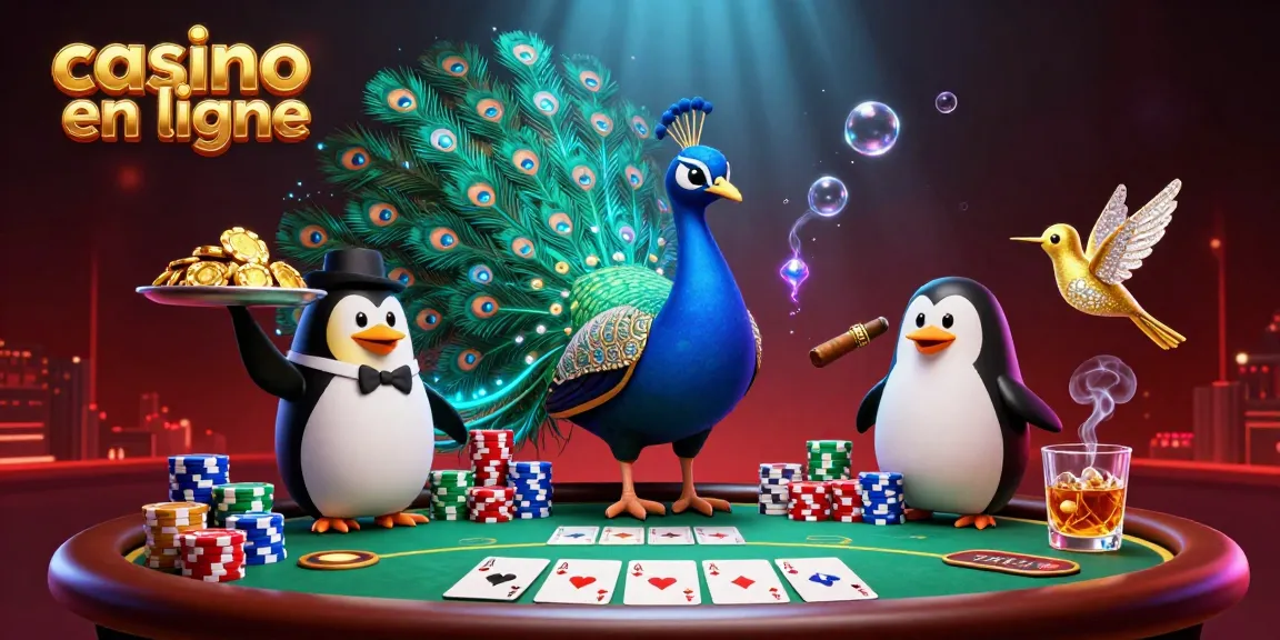 Profitez de l'excitation du casino en ligne avec une illustration dynamique de personnages colorés et de jeux autour d'une table de poker.