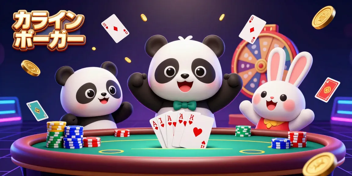 オンラインポーカーで積み重ねた勝利を祝う可愛らしいキャラクターと華やかなポーカーテーブルのシーン